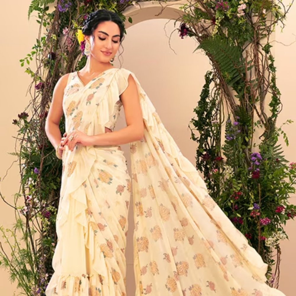 Ivory Boota Print Ruffled Pre-Stitched Saree With Blouse